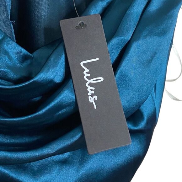 Lulus Maxi Dress Womens XL Satin Stunning Arrival Dark Teal Off The Shoulder NWT - Picture 10 of 14
